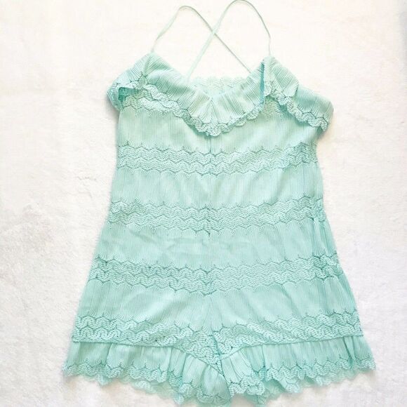 Guess spaghetti strap Vita Ruffled Romper in Fair Aqua - Picture 6 of 12